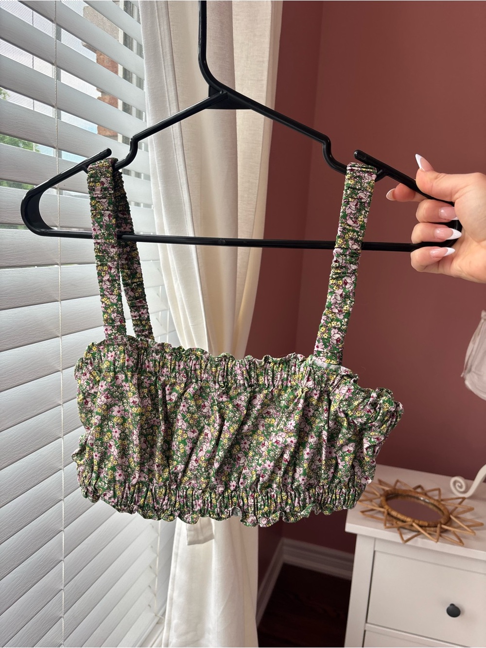 Zara Green Floral Elastic crop top with Pink & Yellow Accent florals